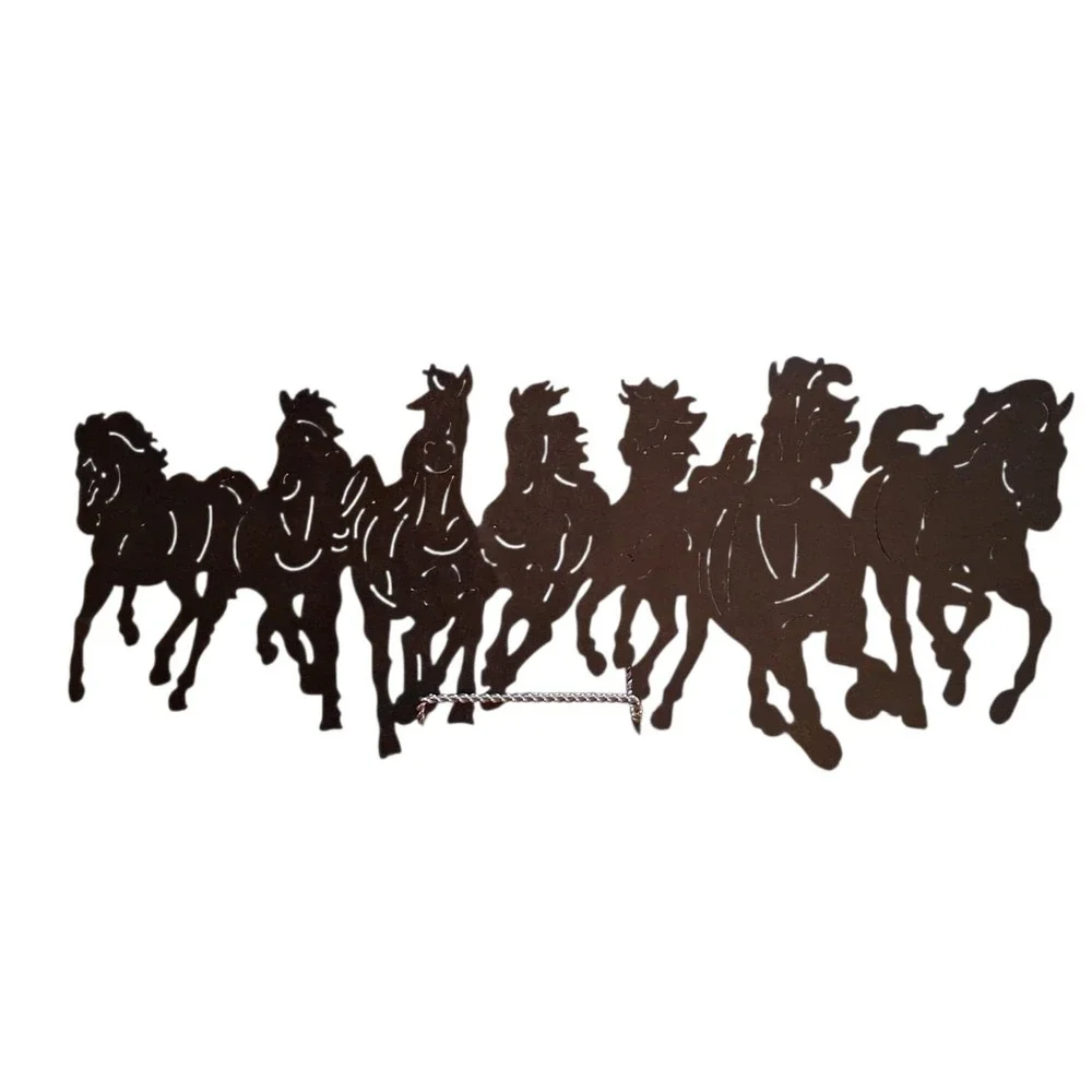 Seven Rustic Running Wild Horses 3D Intricately Cut Black Metal Wall Art 23Lx9T